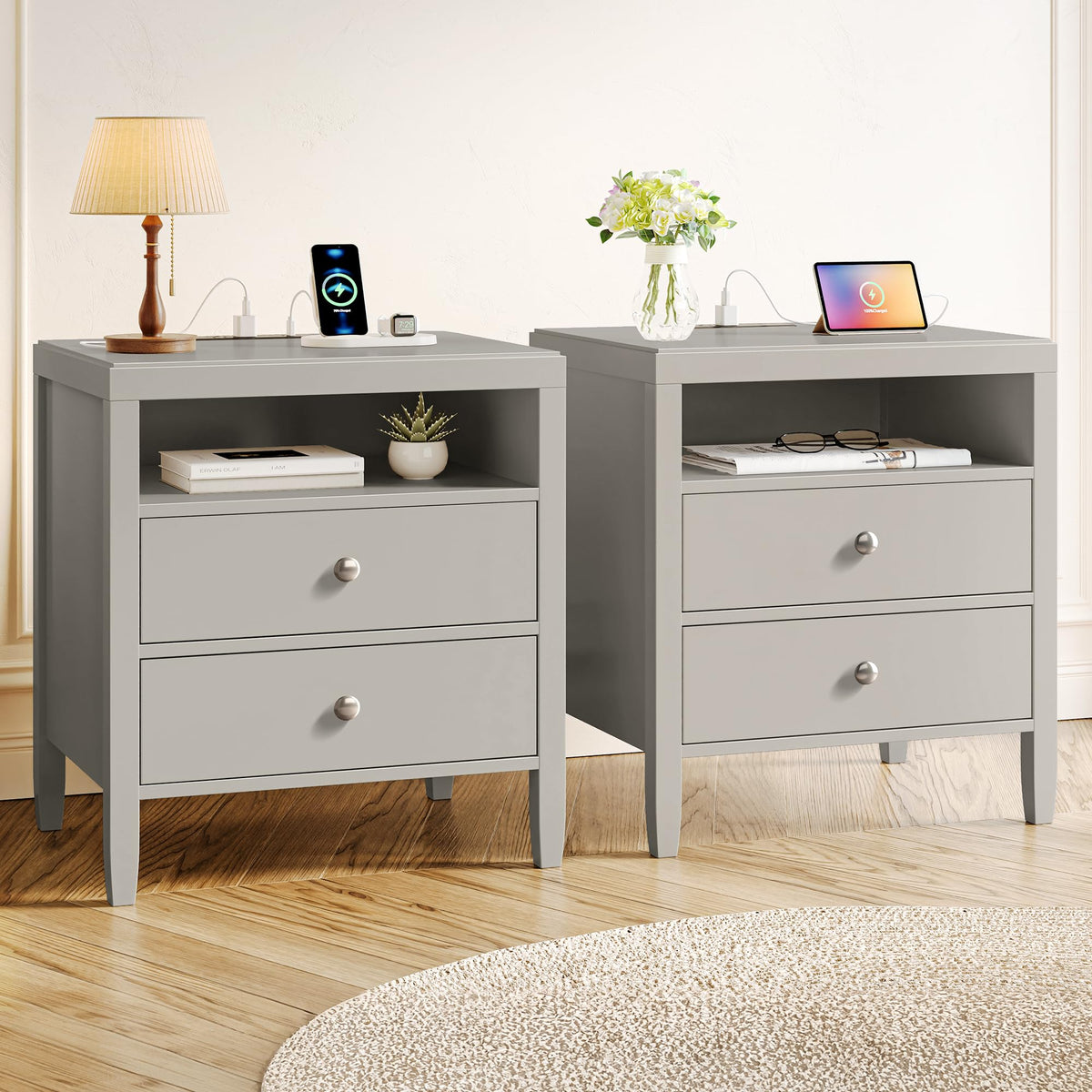 Huuger Black Nightstand Set of 2, Night Stand with Charger Station