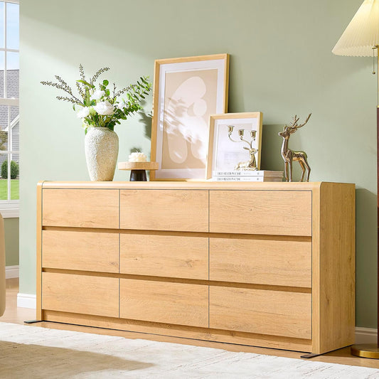 Modern 9 Drawers Dresser for Bedroom, 63” Wide Large Dressers & Chest of Drawers, Front Rounded Corner Handleless Design, Storage Dressers Organizer for Hallway, Living Room, Natural Color