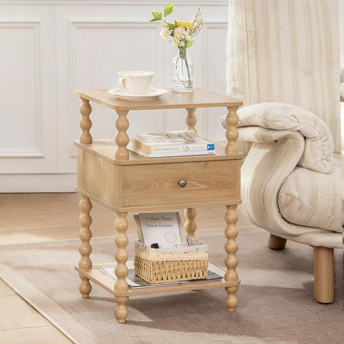 AWASEN Nightstand with Drawer, Walnut Bedside Table with Storage, End Table