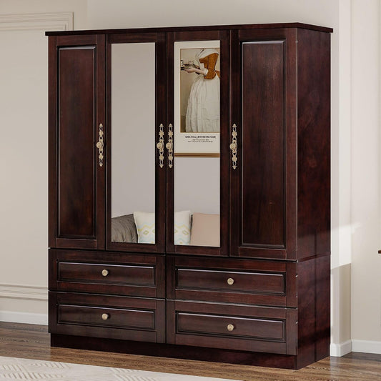 Solid Wood Armoire Wardrobe, Black Brown with Mirrors & Drawers