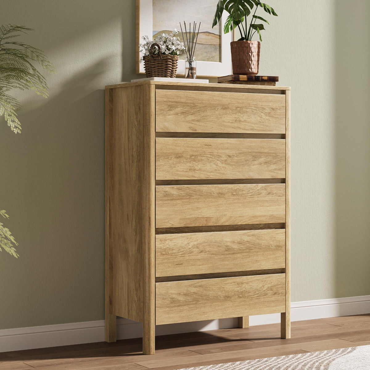 MAISONARIA Walnut 5 Drawer Dresser for Bedroom, 45"Tall Modern Wood Dresser