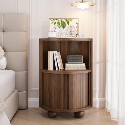 17.76''W Fluted Nightstand with 2 Sliding Doors, 2-Tier Storage, Walnut