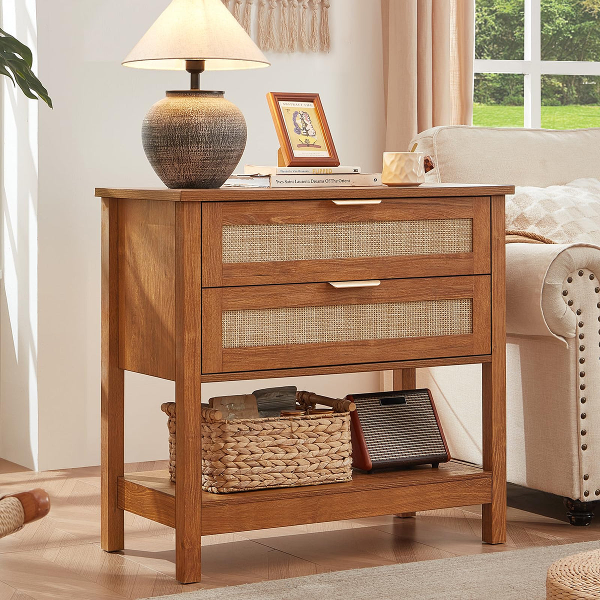 LEYAOYAO 26.8" Wide Rattan Nightstand, Large Boho 3 Drawer Night Stand