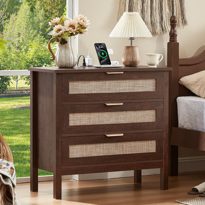 LEYAOYAO 26.8" Wide Rattan Nightstand, Large Boho 3 Drawer Night Stand