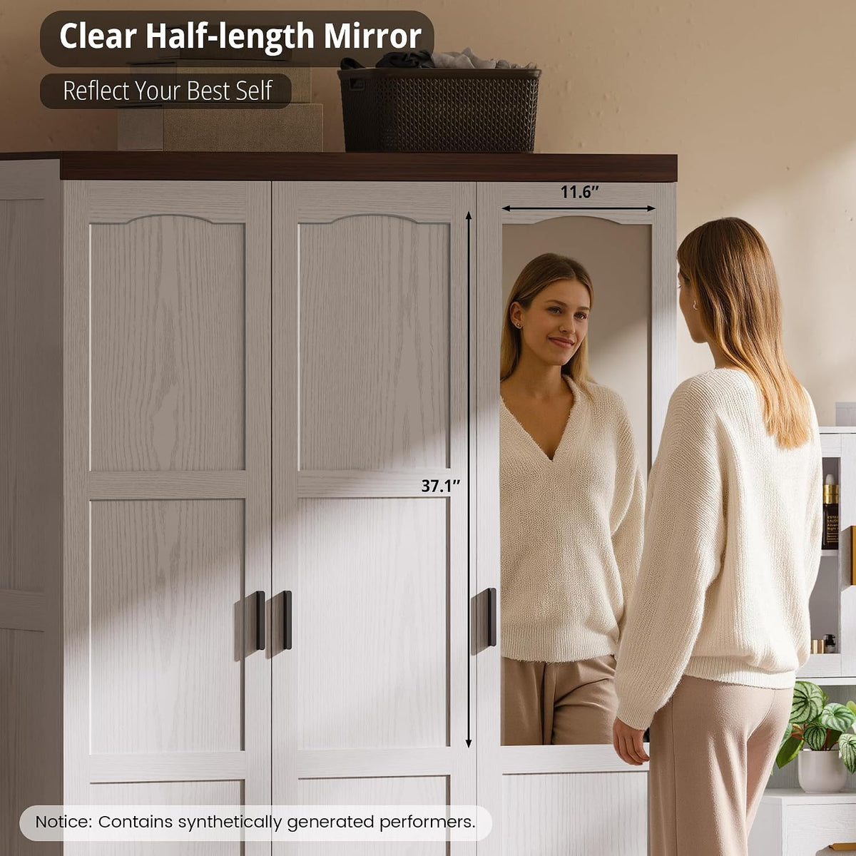 ANCTOR 3-Door Armoire Wardrobe Closet with Mirror and 2 Hanging Rods