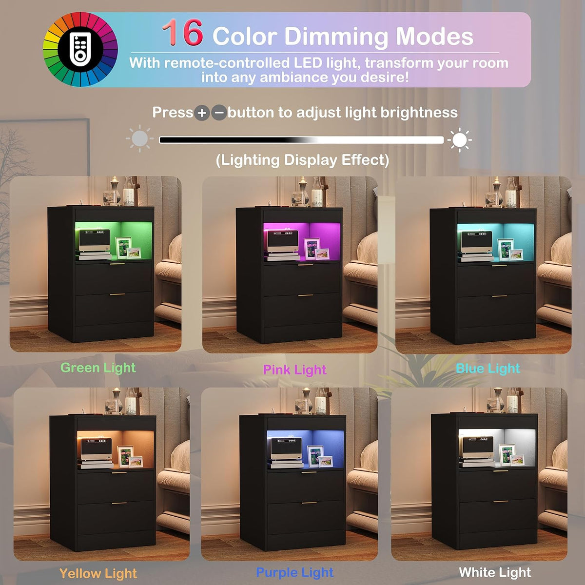 Yusong RGB LED Nightstand with Charging Station, Black