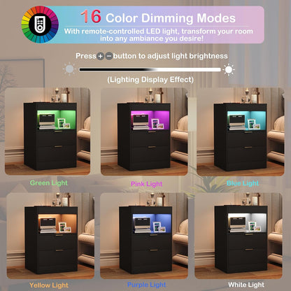 Yusong RGB LED Nightstand with Charging Station, Black