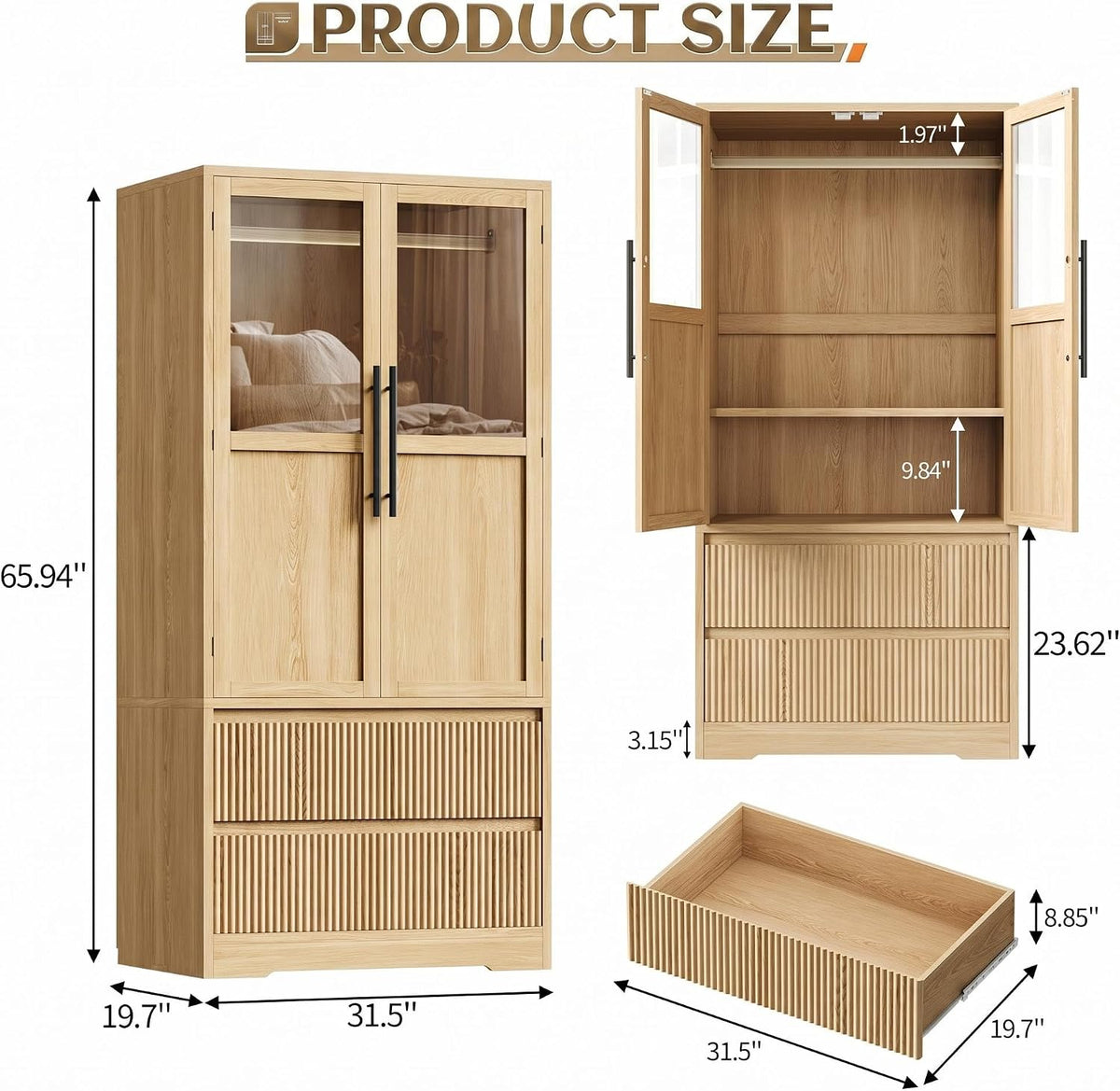 IDEALHOUSE 2 Fluted Drawer Armoire Wardrobe Closet with Glass Door, Farmhouse Freestanding Wooden Armoire Closet w/Hanging Rod, Storage Shelf, Clothing Storage Cabinet, Sturdy, for Bedroom, Natural
