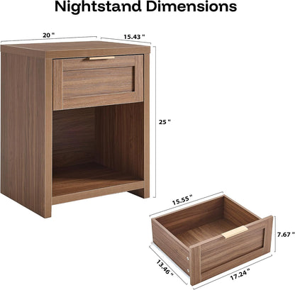 Walsham Nightstands Set of 2, XL Farmhouse Bedside Table, Special Walnut