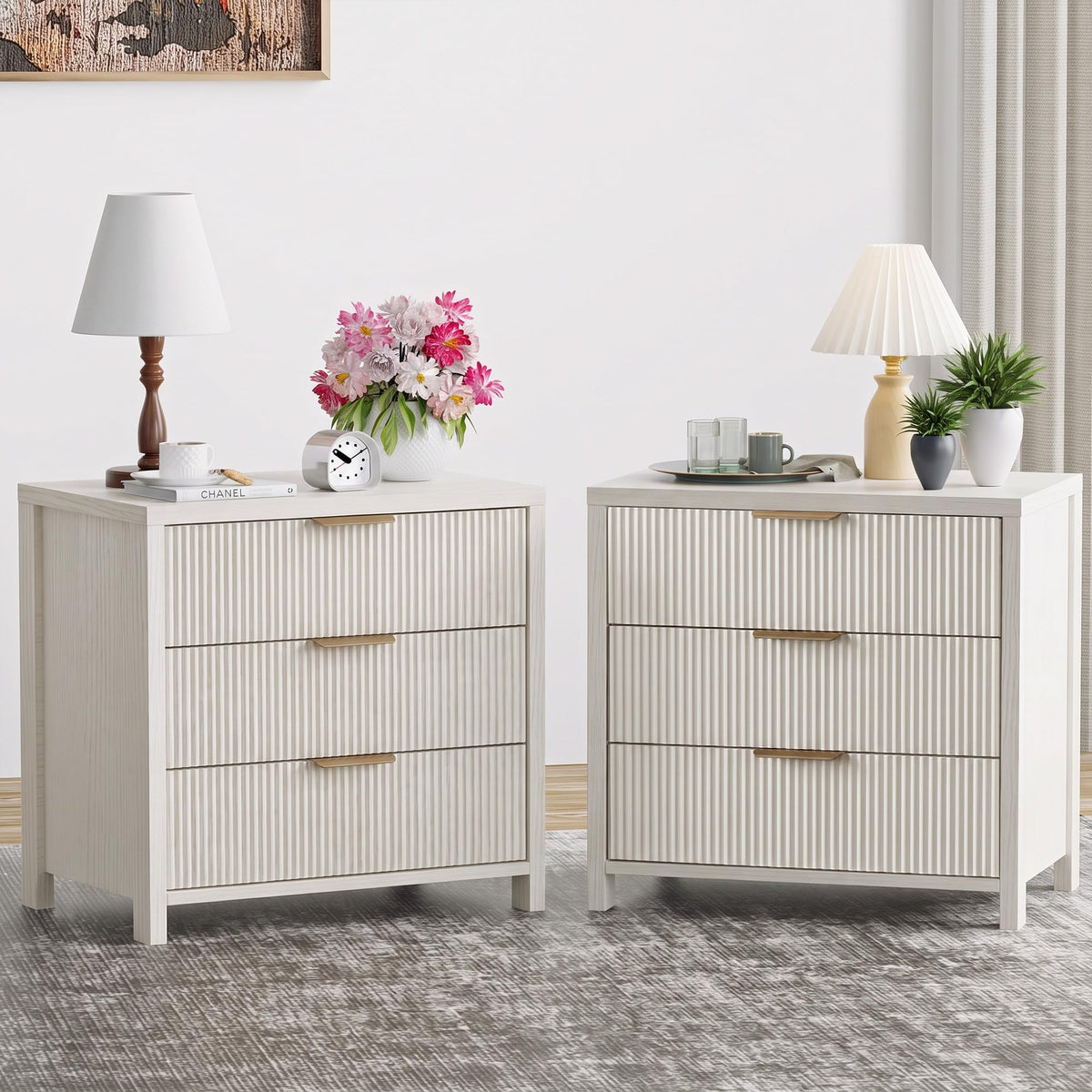 Fluted Nightstands Set of 2, 23.7'' Wide Night Stand with 3 Drawers, Mid-Century Modern Bedside Table with Handles, Wood End Table for Bedroom, Walnut