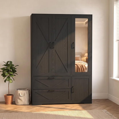 Black 3 Door Wardrobe Closet with Mirror, Bedroom Armoire Wardrobe Closet with Lights, 2 Drawers, Hanging Rod and Cabinet, Large Clothes Storage Organizer, 47.2 x 19.68 x 71.65 in