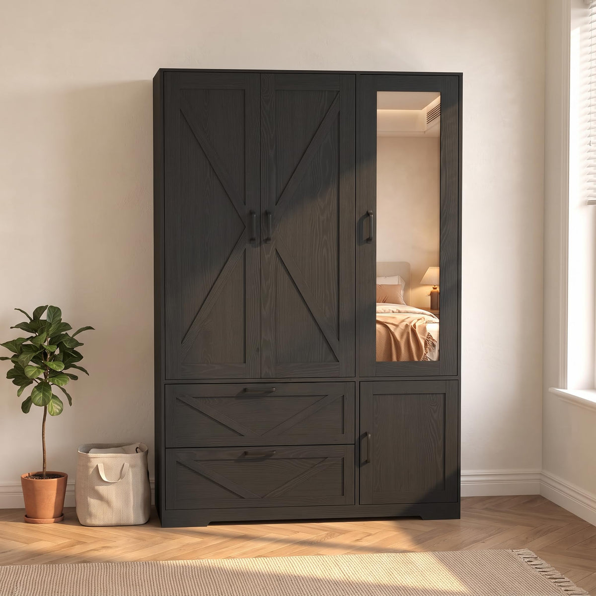 Black 3 Door Wardrobe Closet with Mirror, Bedroom Armoire Wardrobe Closet with Lights, 2 Drawers, Hanging Rod and Cabinet, Large Clothes Storage Organizer, 47.2 x 19.68 x 71.65 in