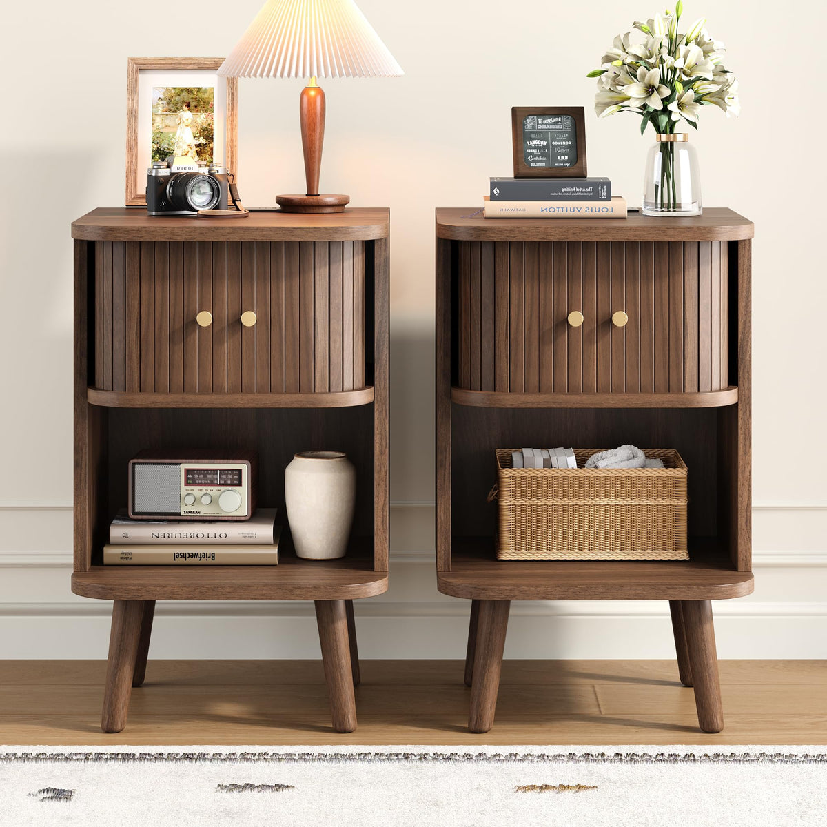 Decofy Fluted Nightstand Set of 2, Charging Station & Sliding Doors, Walnut
