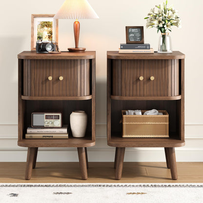 Decofy Fluted Nightstand Set of 2, Charging Station & Sliding Doors, Walnut