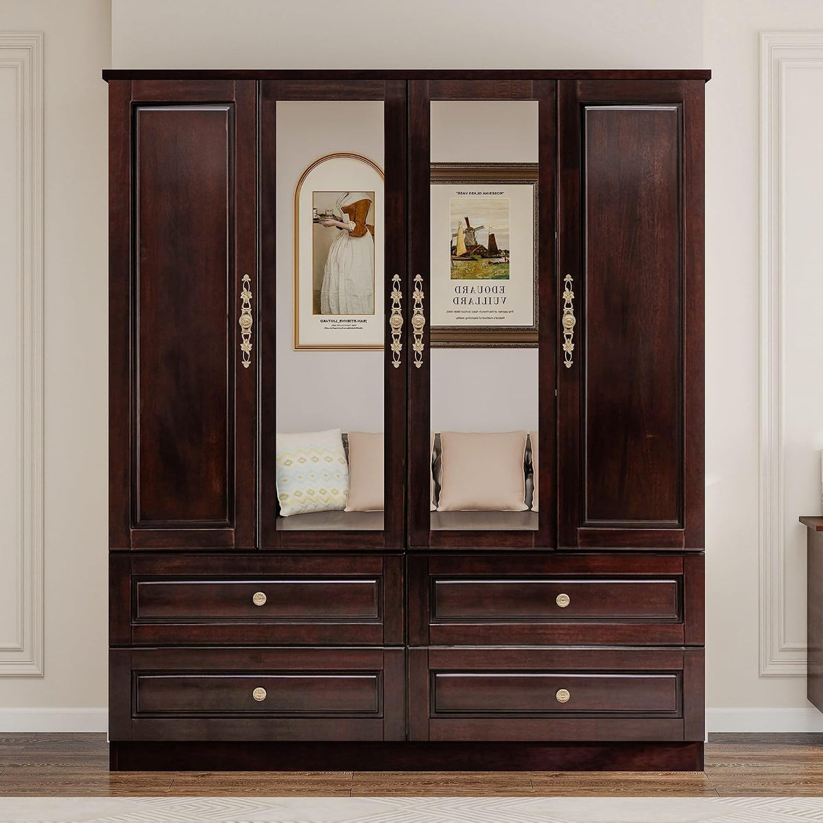 Solid Wood Armoire Wardrobe, Black Brown with Mirrors & Drawers