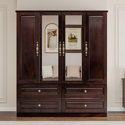 Solid Wood Armoire Wardrobe, Black Brown with Mirrors & Drawers