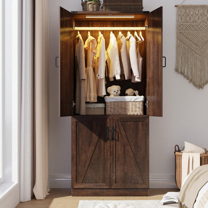 75" Tall Farmhouse 2 Doors Armoire Wardrobe Closet with 3 Drawers and LED,Freestanding Closet Wardrobe Cabinet for Bedroom with Hanging Rod,Wooden Armoire Storage Cabinet with Adjustable shelve(Black)