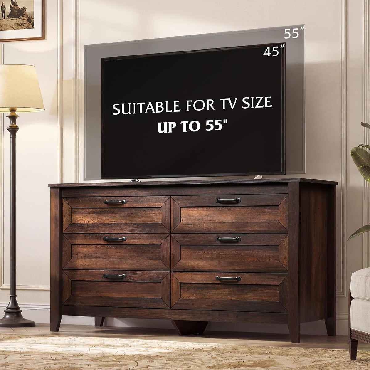 WLIVE 54" Dresser for Bedroom, Wooden 6 Drawer Dresser with Unique Anti-Tip Structure, Modern Chest of Drawers with Metal Handles for Living Room, Hallway, Closet, Home Furniture, Rustic Brown