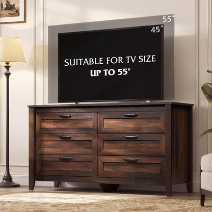 WLIVE 54" Dresser for Bedroom, Wooden 6 Drawer Dresser with Unique Anti-Tip Structure, Modern Chest of Drawers with Metal Handles for Living Room, Hallway, Closet, Home Furniture, Rustic Brown