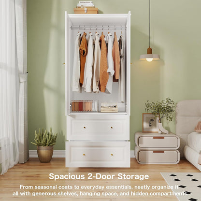White Armoire Wardrobe Closet with 2 Drawers, 74" Tall x 32" Wide