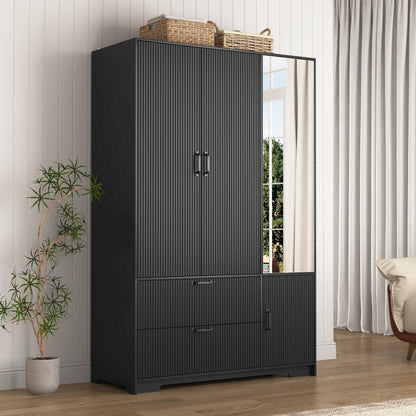 72'' Armoire Wardrobe Closet with Mirror Door & LED Lighting, Large Freestanding Modern Wooden 2 Doors Closet with 6 Drawers & 3 Storage Shelves & Hanging Rod & 2 Hooks for Bedroom (Black)