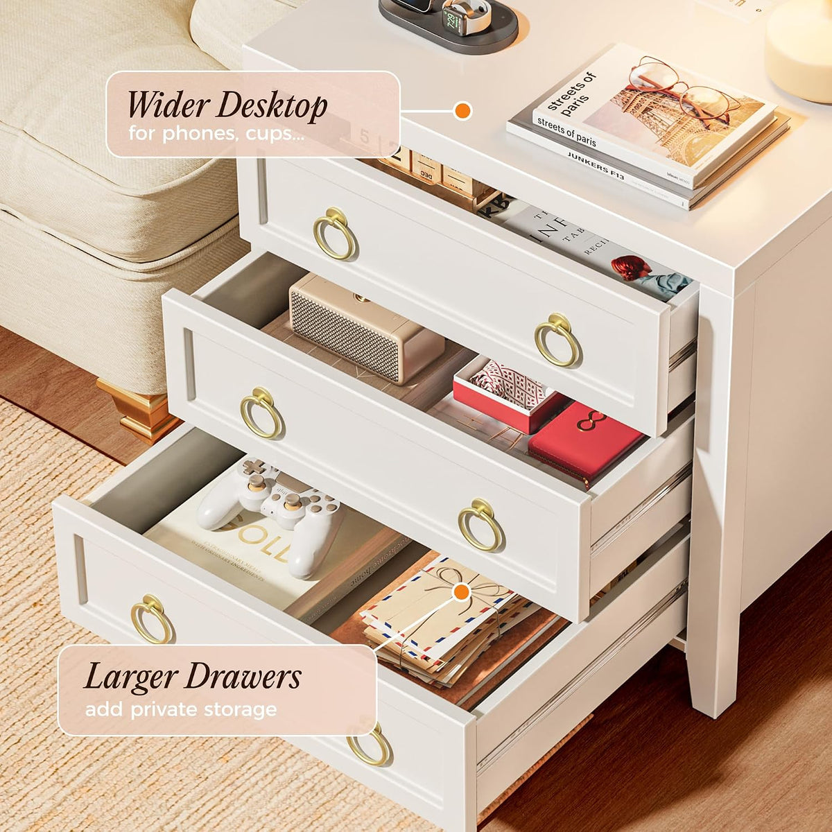 Huuger Paint Night Stand with Charger Station, 3 Drawer Nightstand Set of 2