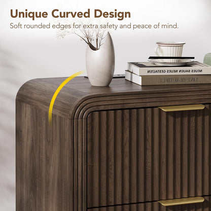 Decofy 23'' Wide Fluted Nightstand Set of 2 with Charging Station, Walnut