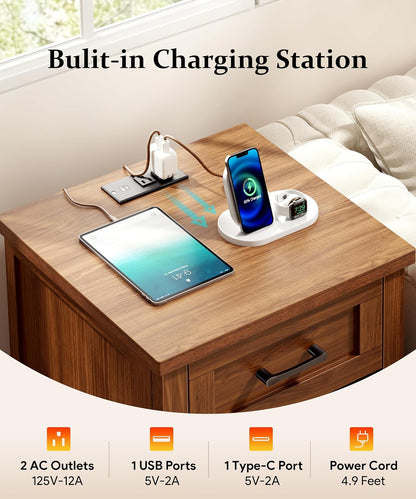 Decofy Farmhouse Nightstand Set of 2 with Charging Station, Walnut