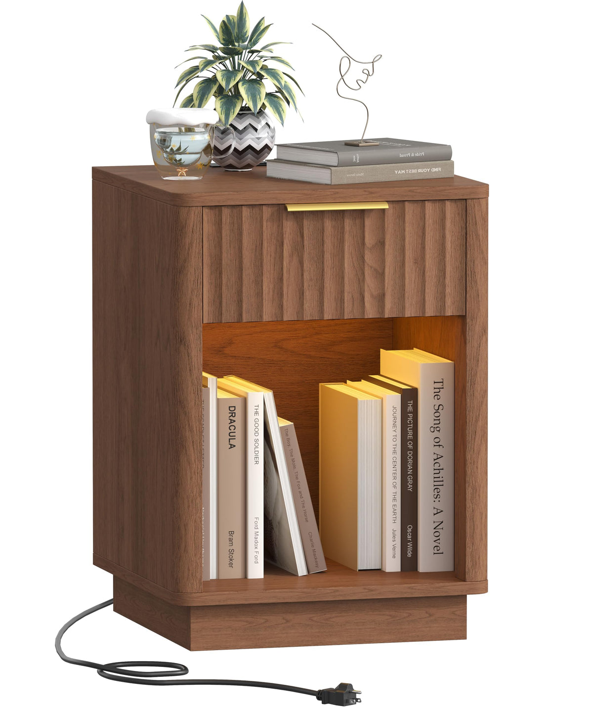Akxomel Fluted Nightstand Set 2 Bedside Table with Charging Station Oak