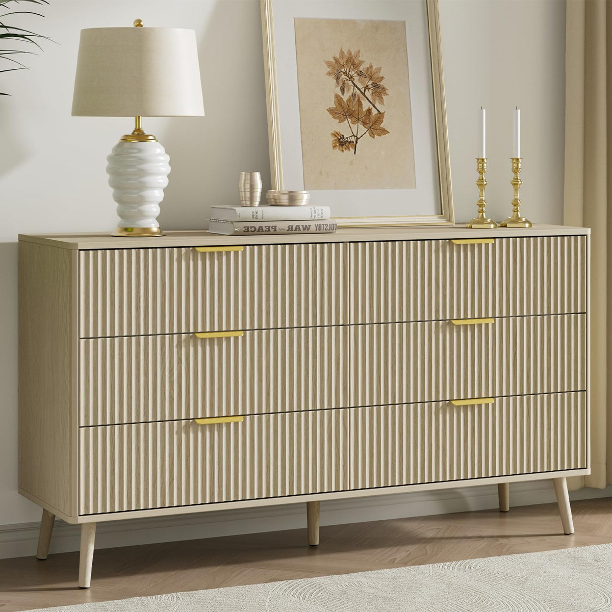 LYNSOM 55" Wide Fluted Dresser for Bedroom with 6 Drawer, Modern Chest of Drawers with Curved Profile Design and Metal Handles, Wood Dresser TV Stand & Storage Organizer for Living Room, Walnut