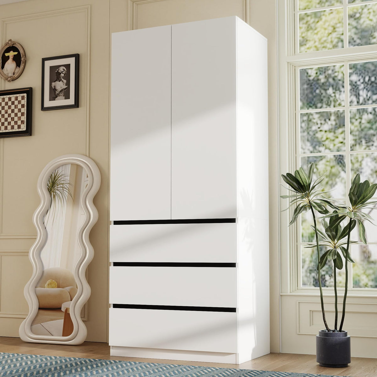 White Armoire Wardrobe Closet with 4 Doors, 75" Tall x 63" Wide