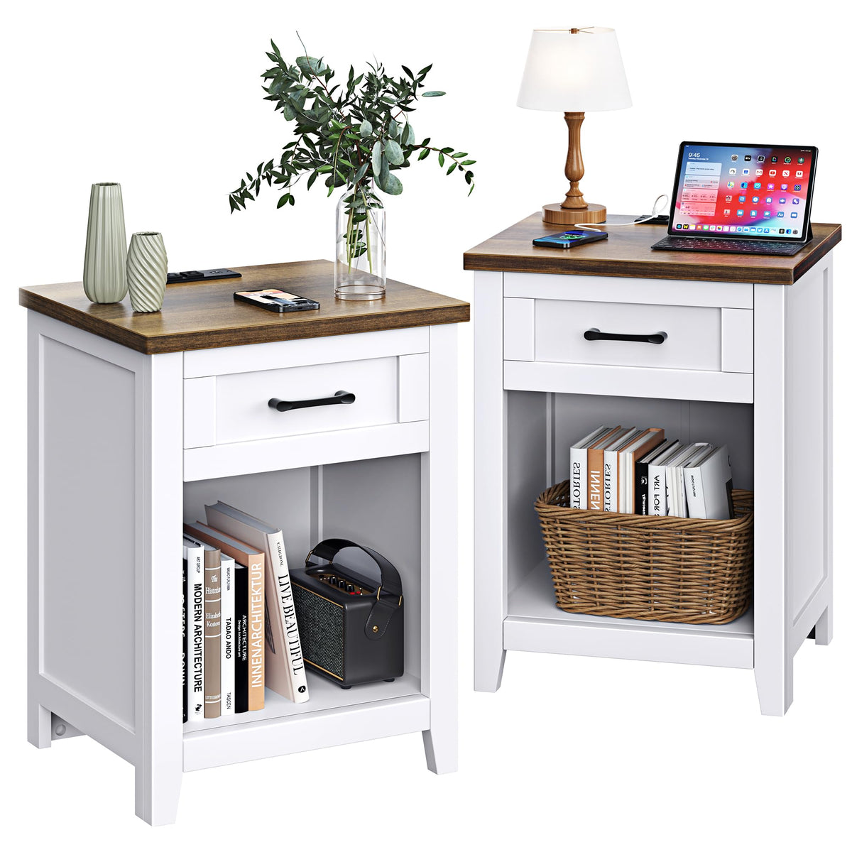 Decofy Farmhouse Nightstand Set of 2 with Charging Station, Walnut