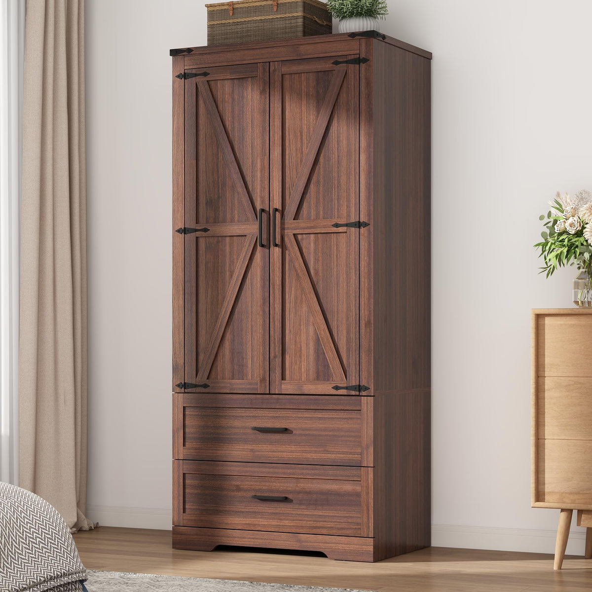 Hlivelood 4 Doors Wardrobe Armoire Closet with Doors and Drawers, Farmhouse Wooden Armoire Storage Cabinet with Shelves & Hanging Rod for Bedroom, Grey