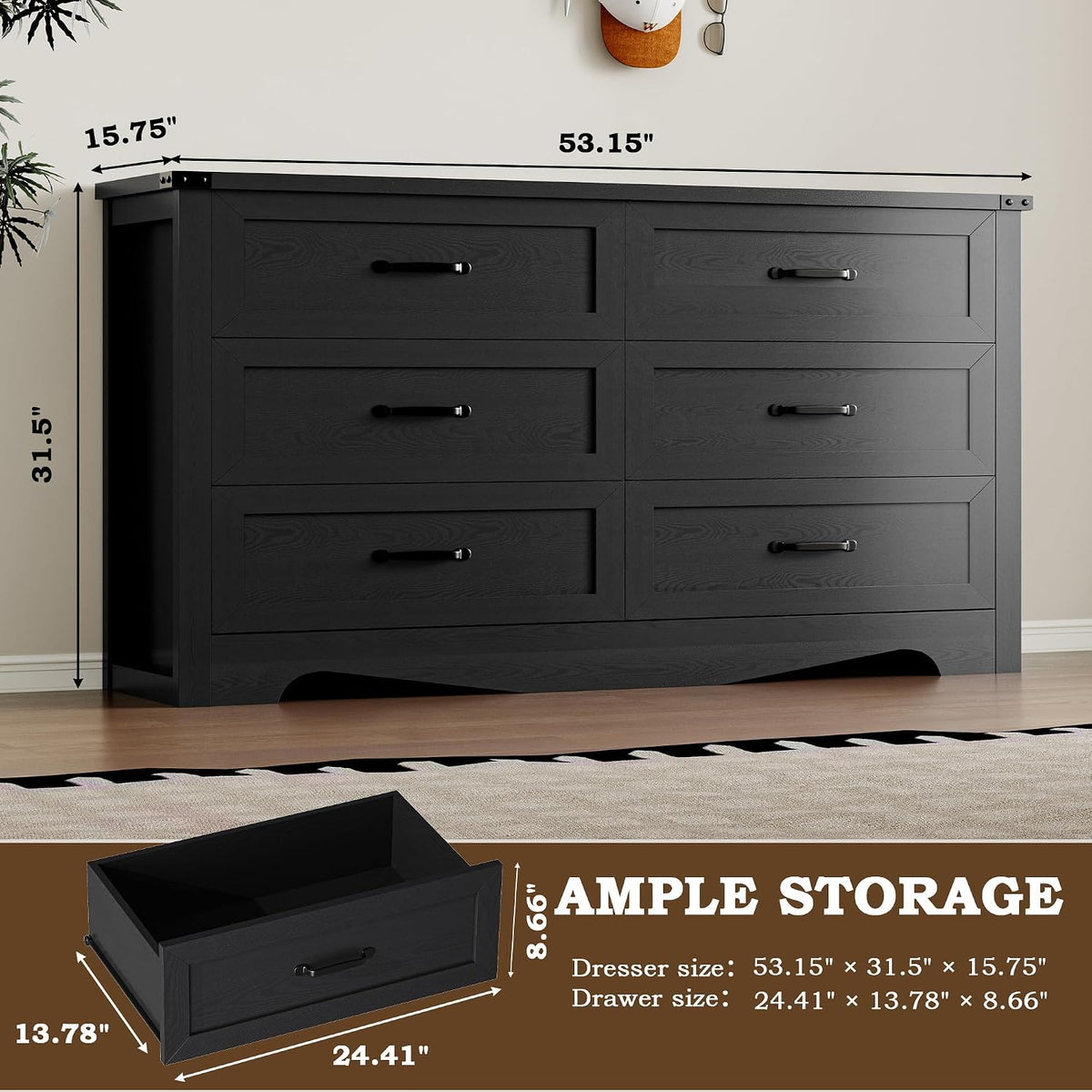 BORNOON 6-Drawer Dresser for Bedroom, Modern Wooden Chest of Drawers with Metal Handles, Anti-Tipping Design, Sturdy and Stable Storage Organizer for Living Room, Entryway, Home Office