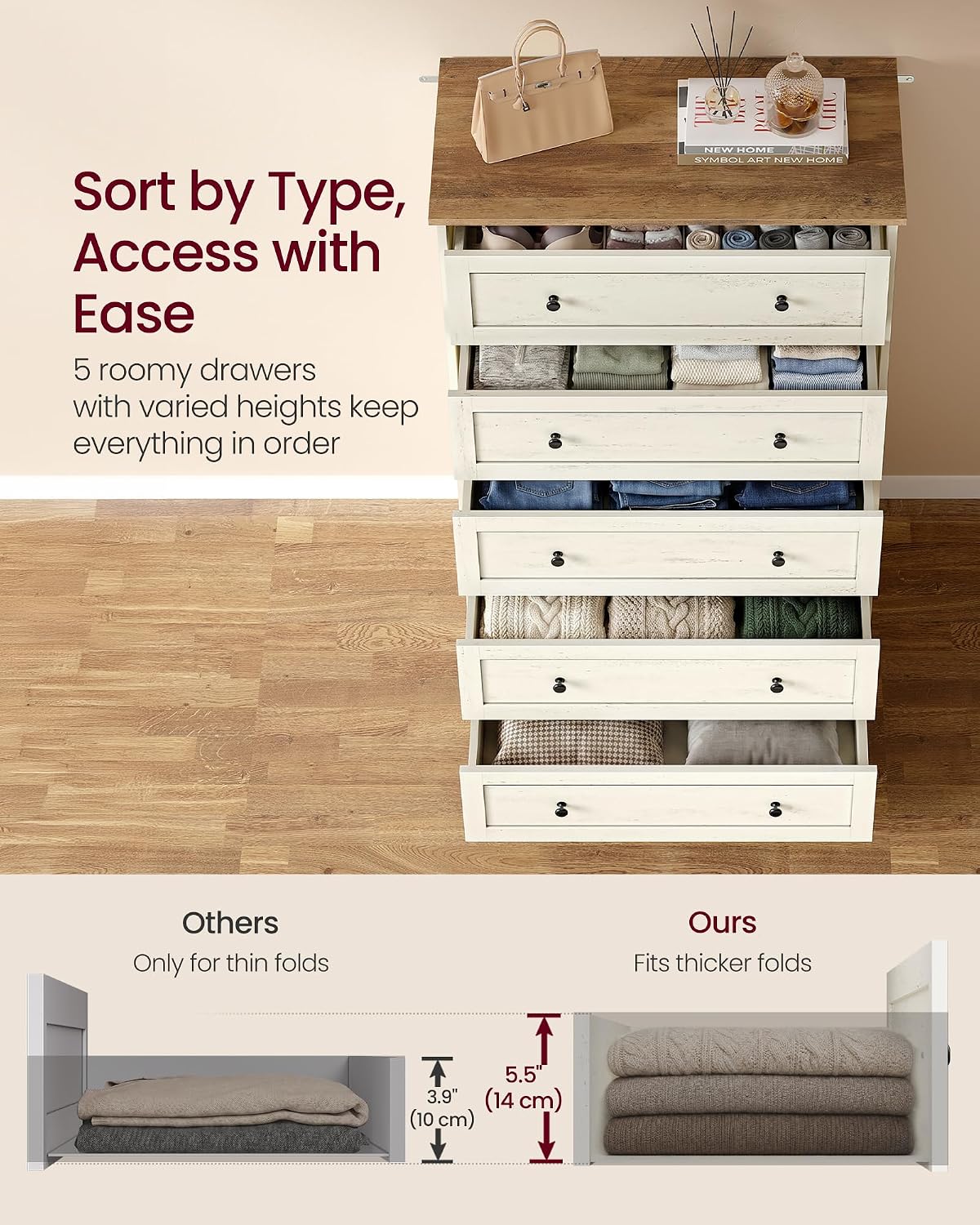VASAGLE 5-Drawer Dresser, Chest of Drawers, 31.5 x 15.7 x 47.4 in