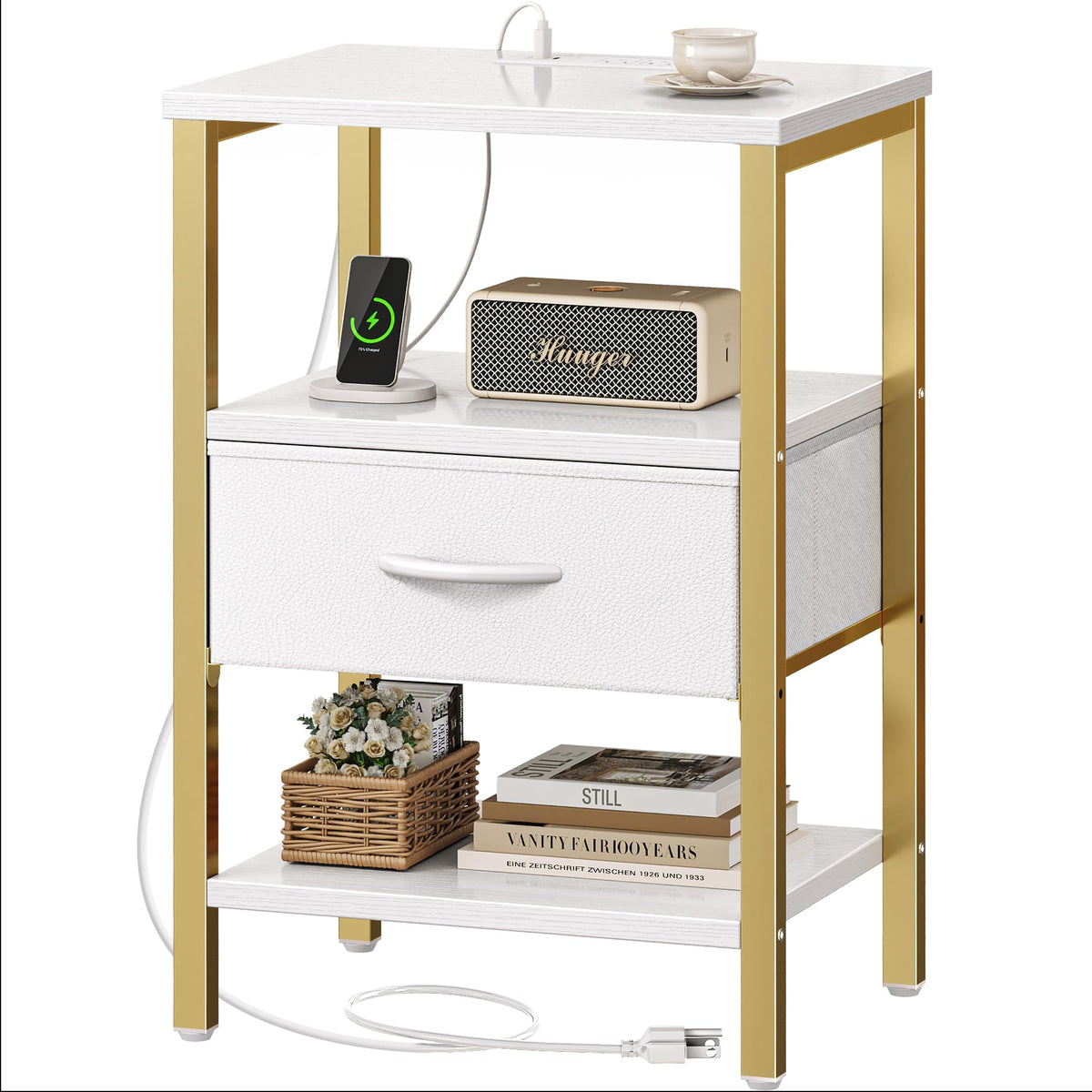 SUPERJARE Nightstand with Charging Station, USB-C Port, Bedside Table