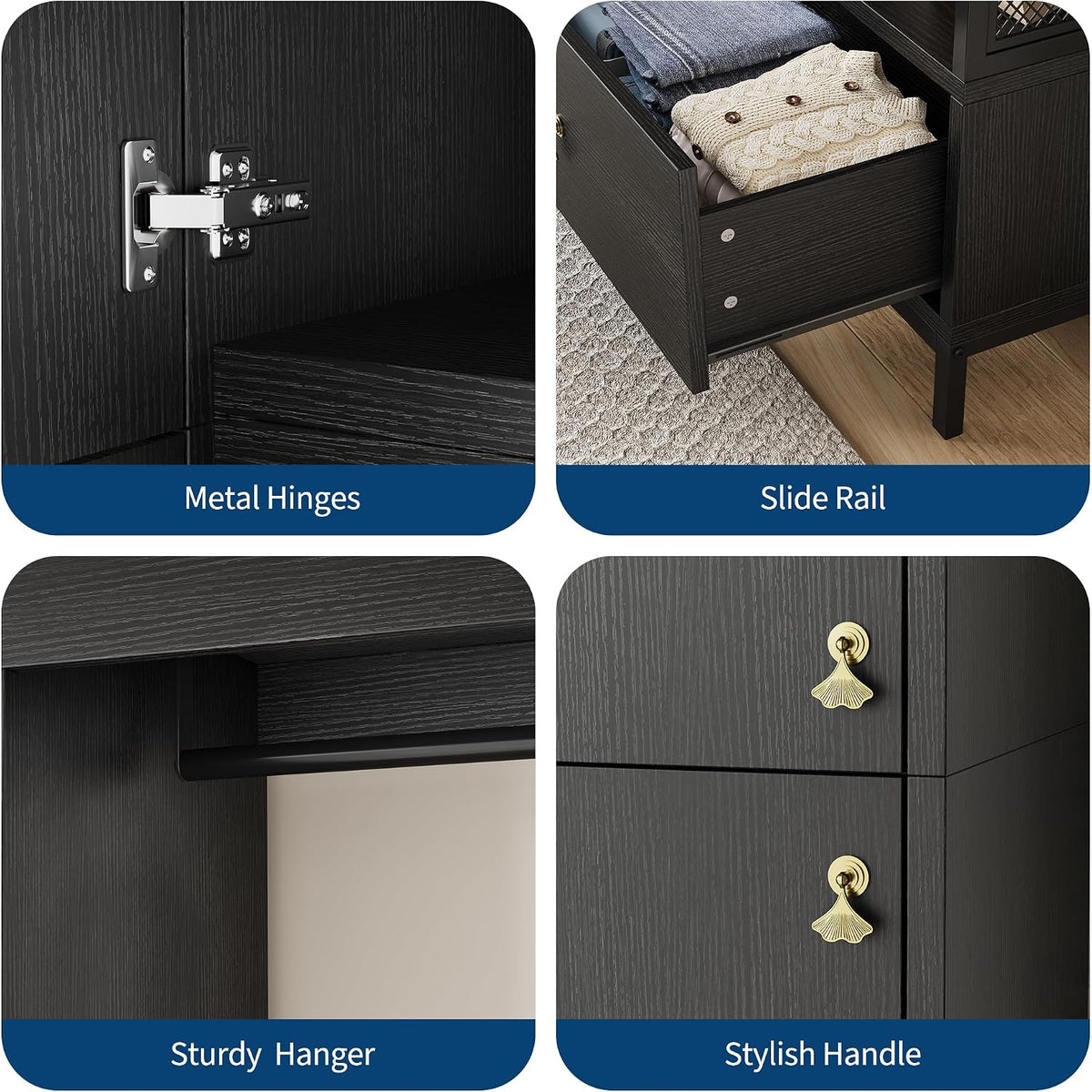 TrailBlaze Spacious Storage Solution Armoire Wardrobe Closet – Modern Wood & Metal Frame, Hanging Rod, Drawer, Large Compartment – Freestanding Bedroom Organizer for Clothes, Bedding, Luggage – Black