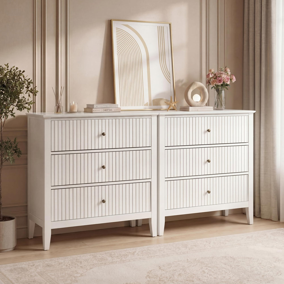 RoyalCraft 6 Drawer Dresser, Fluted Modern Wood Chest of Drawers, Long Dresser for Bedroom TV Stand Storage Cabinet for Living Room, Blue