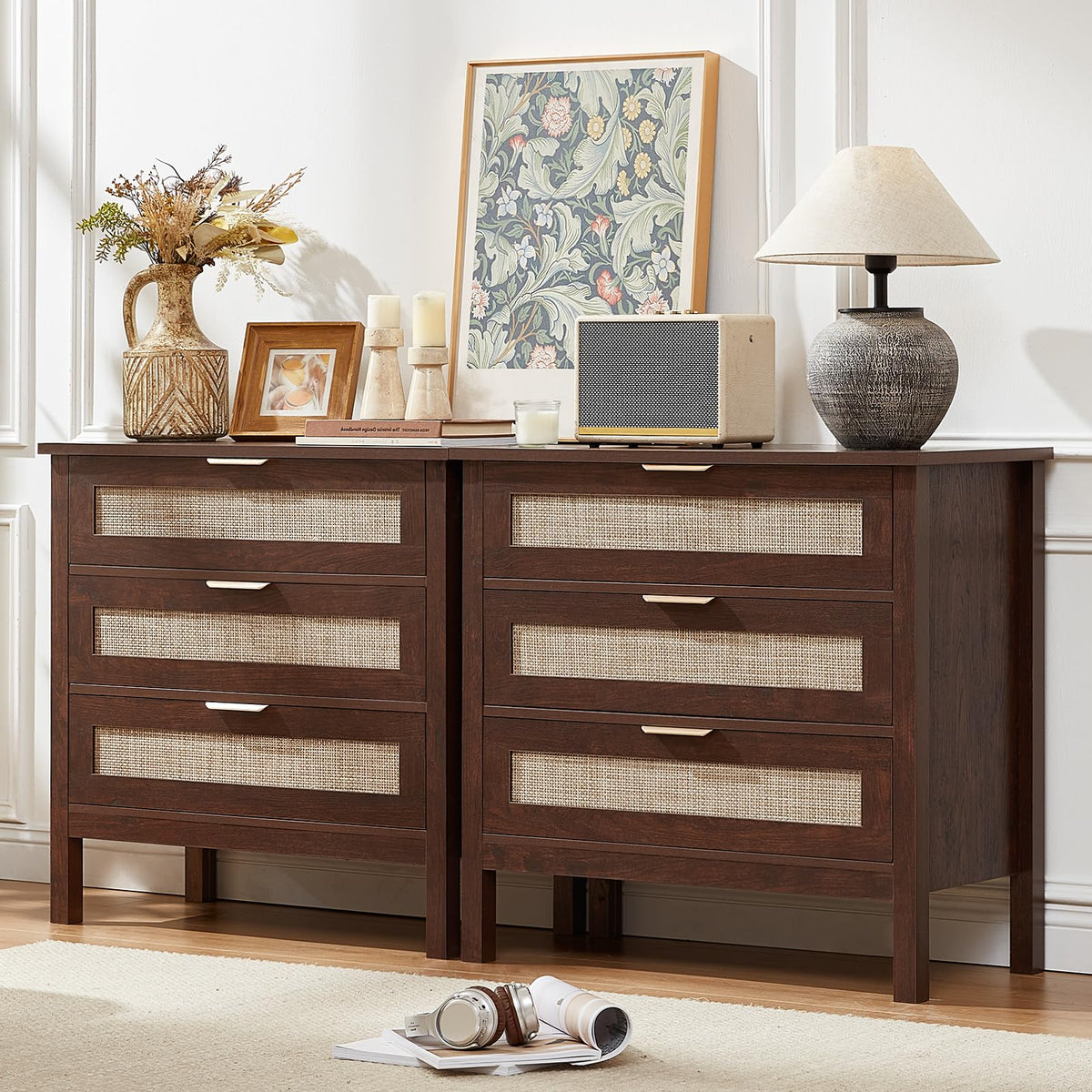 LEYAOYAO 26.8" Wide Rattan Nightstand, Large Boho 3 Drawer Night Stand