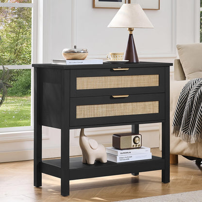 LEYAOYAO 26.8" Wide Rattan Nightstand, Large Boho 3 Drawer Night Stand