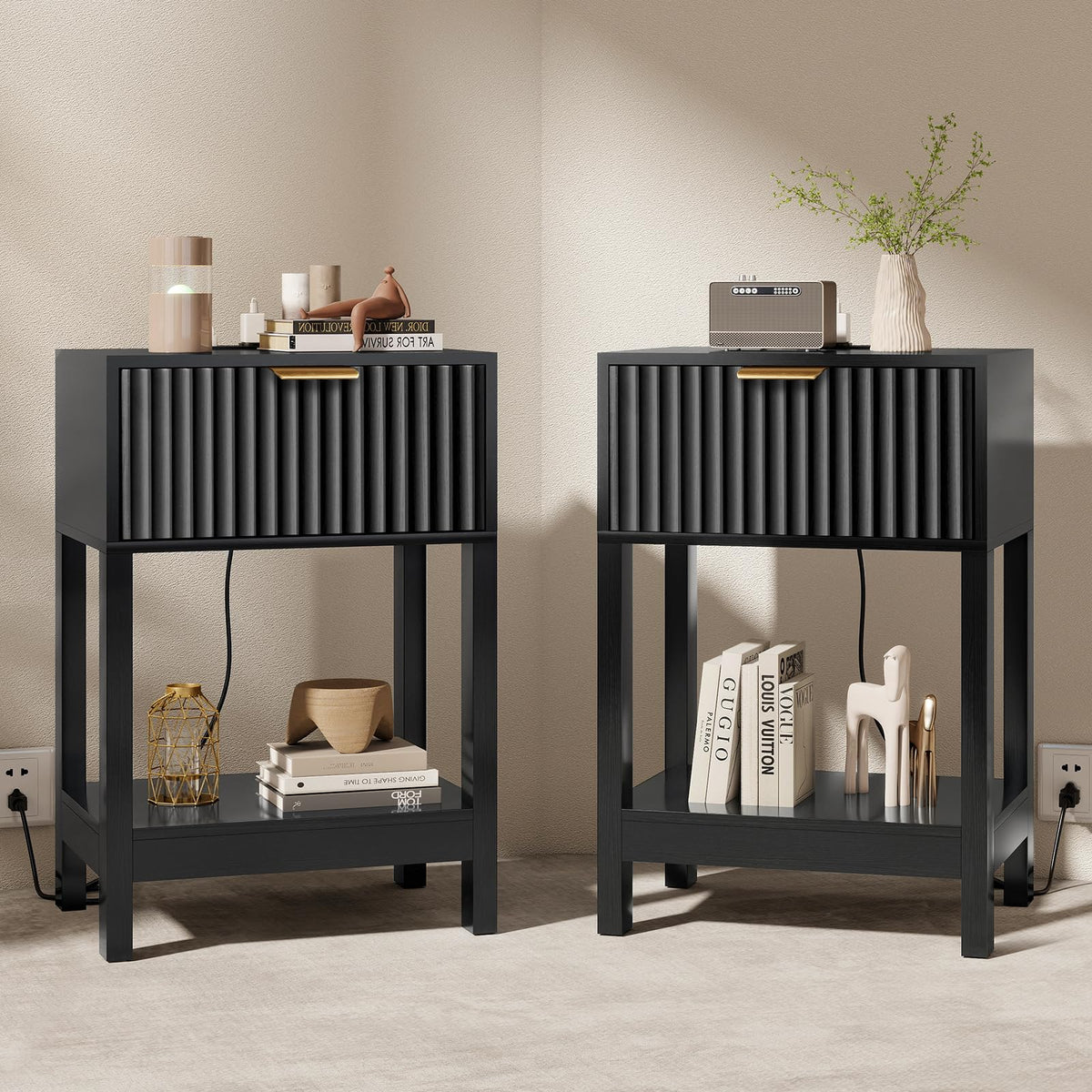 Nasonet Night Stand Set 2, Fluted Nightstand with Charging Station, Wood Bedside Table with Drawer & Storage Shelf, Modern End Tables for Bedroom Sofa Couch Office, Walnut