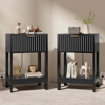 Nasonet Night Stand Set 2, Fluted Nightstand with Charging Station, Wood Bedside Table with Drawer & Storage Shelf, Modern End Tables for Bedroom Sofa Couch Office, Walnut