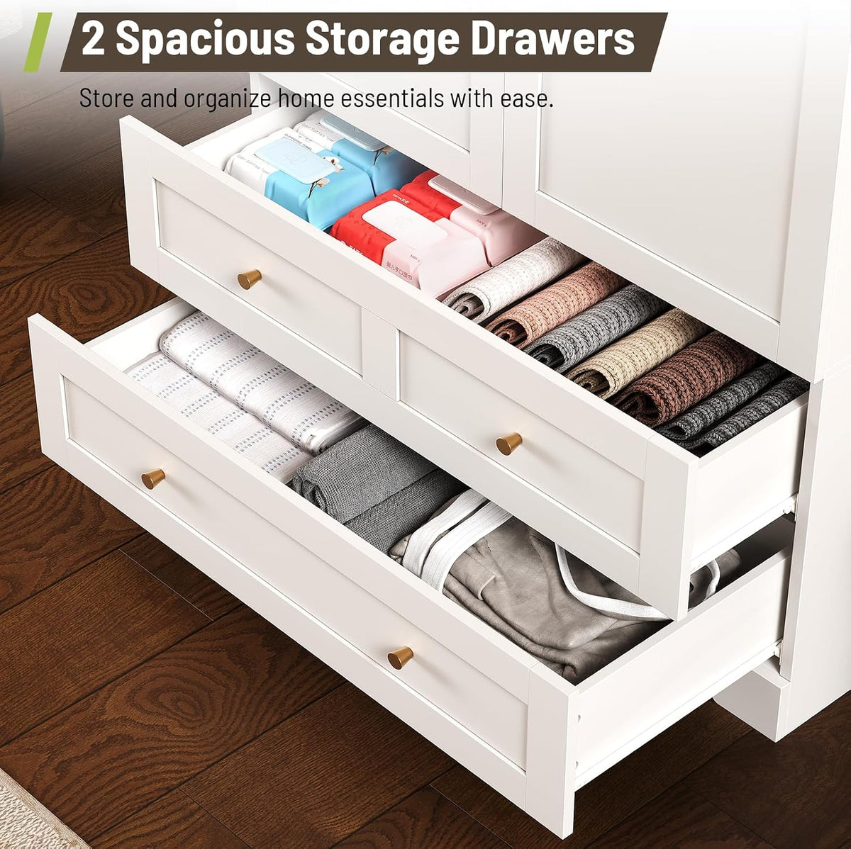 Armoire Wardrobe Closet with 2 Drawers & Mirror, White