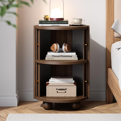 17.76''W Fluted Nightstand with 2 Sliding Doors, 2-Tier Storage, Walnut