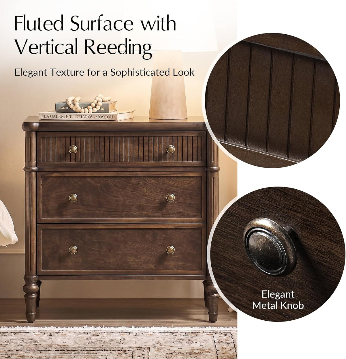 HULALA HOME Traditional End Table with Charging Station, Fluted End Tables with Wood Drawers and Solid Wood Spindle Legs, 28 Inch Wide Storage Set of 2, Walnut