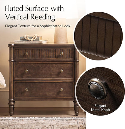 HULALA HOME Traditional End Table with Charging Station, Fluted End Tables with Wood Drawers and Solid Wood Spindle Legs, 28 Inch Wide Storage Set of 2, Walnut