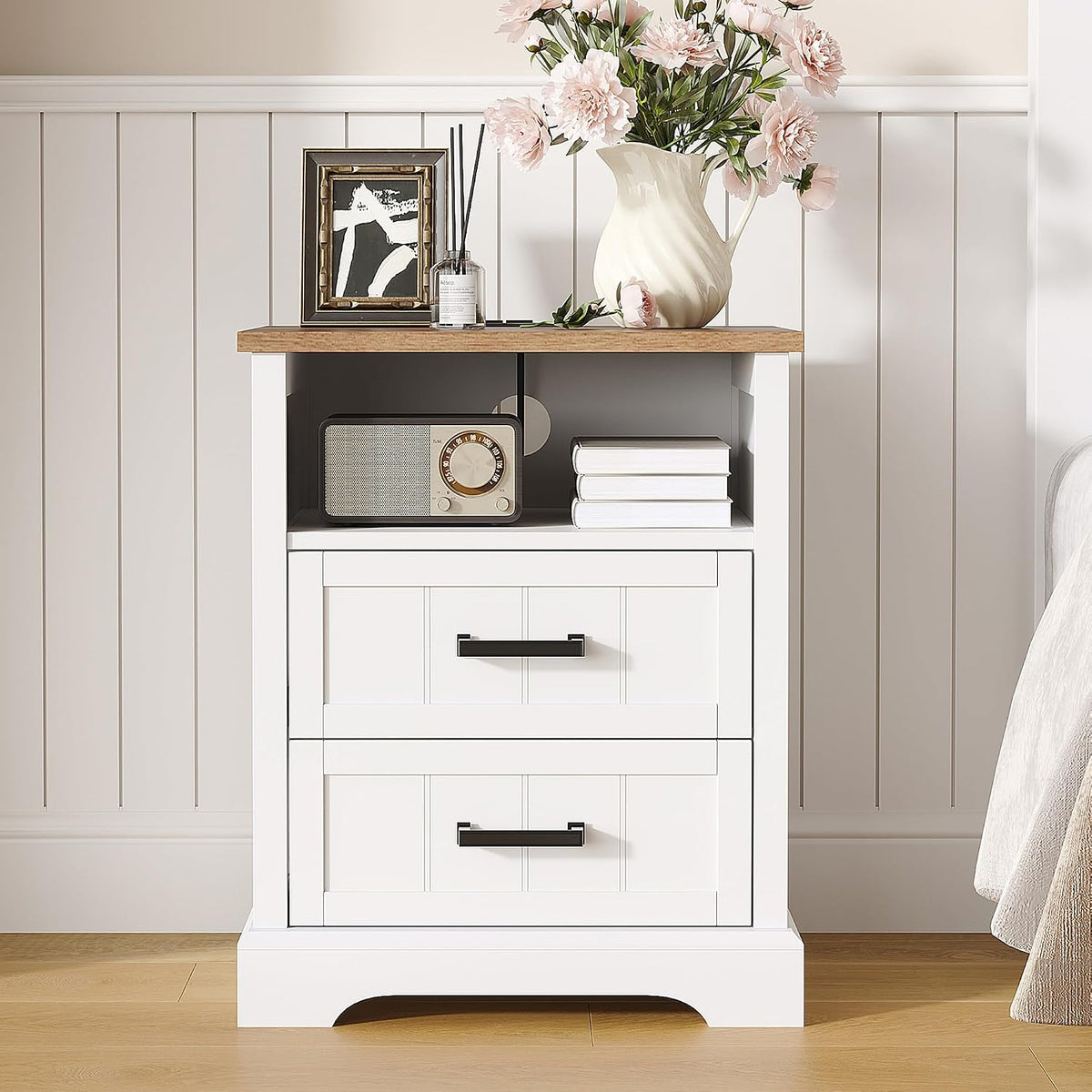 ChooChoo Farmhouse Night Stands with Charging Station Set of 2, 2 Drawers
