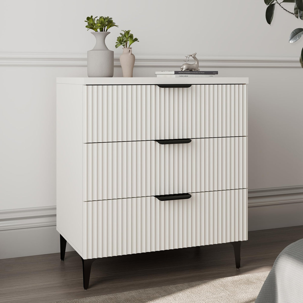 Walnut Fluted Nightstand Set of 2, Modern Night Stands with 2 Drawers