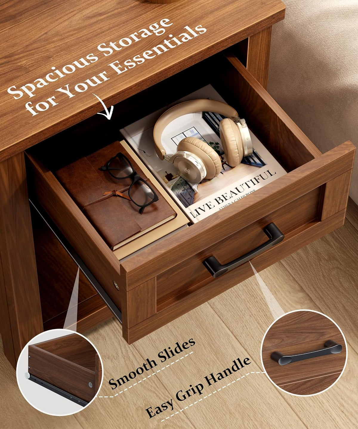 Decofy Farmhouse Nightstand Set of 2 with Charging Station, Walnut