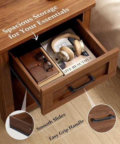Decofy Farmhouse Nightstand Set of 2 with Charging Station, Walnut